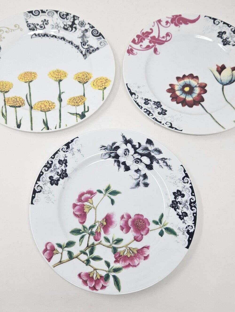 Anthropologie Floral Porcelain Plates Set of 3 8 inch